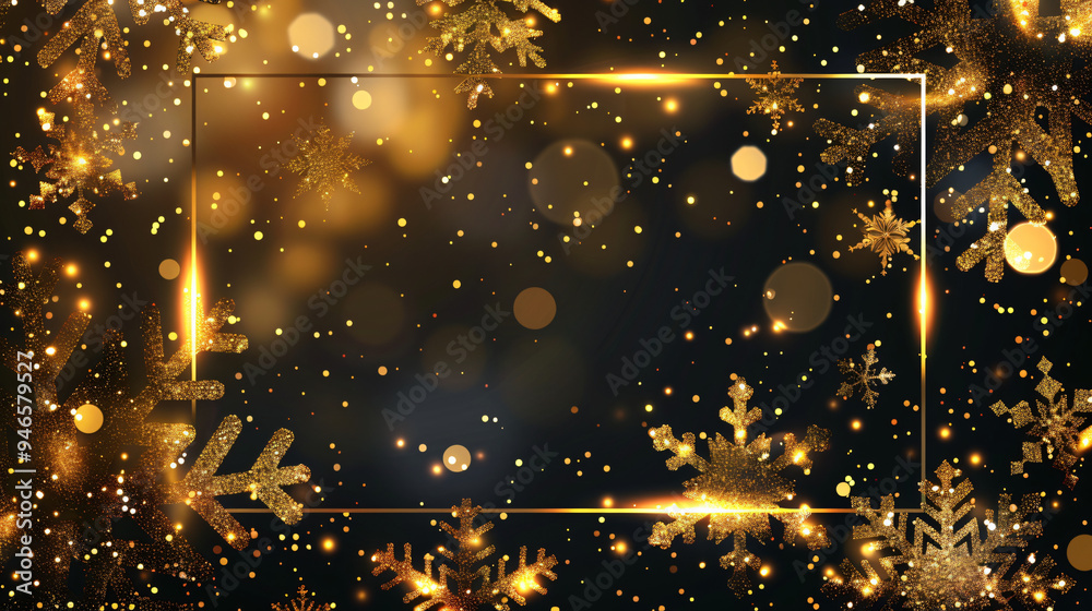 Aufkleber golden christmas background with glitter snowflakes, bokeh and glowing frame for your text