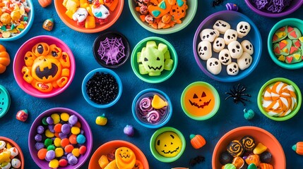 A variety of Halloween treats arranged in colorful bowls with spooky decorations creating a vibrant and playful atmosphere