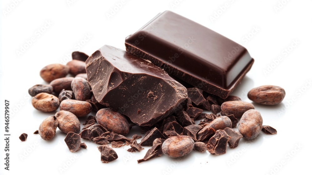 Aufkleber A piece of dark chocolate with a glossy finish, broken into chunks and surrounded by cocoa beans, all set on a pristine white background.