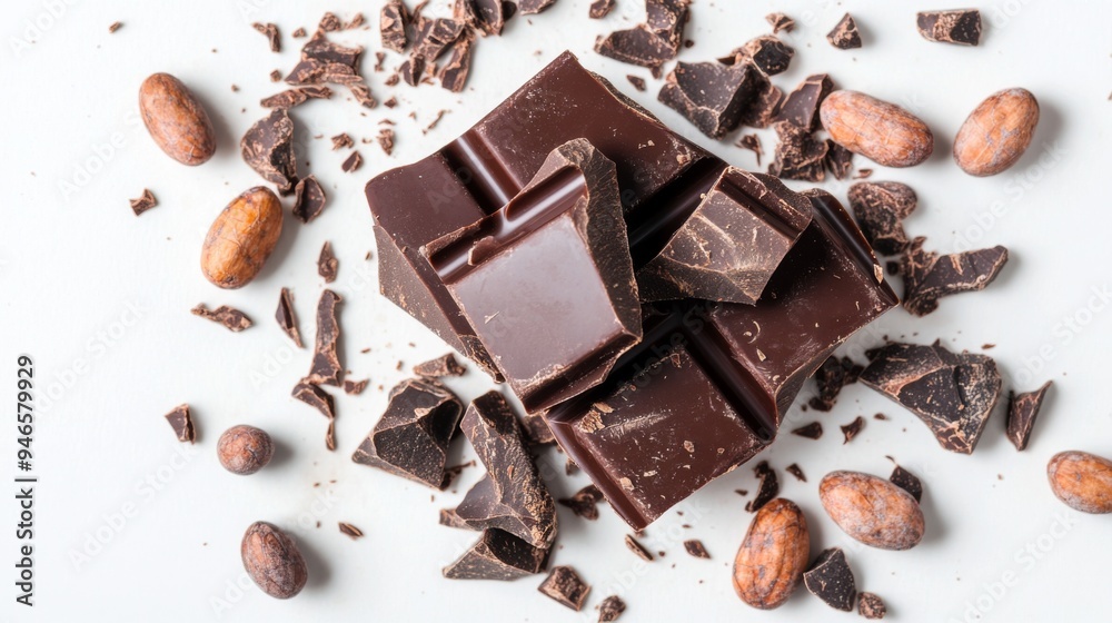 Aufkleber A piece of dark chocolate with a glossy finish, broken into chunks and surrounded by cocoa beans, all set on a pristine white background.