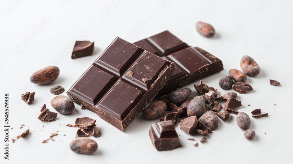 Aufkleber A piece of dark chocolate with a glossy finish, broken into chunks and surrounded by cocoa beans, all set on a pristine white background.
