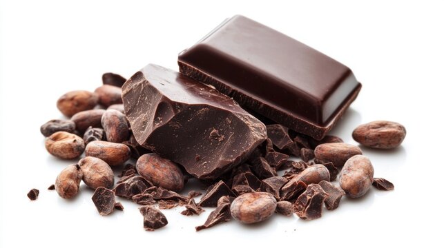 A piece of dark chocolate with a glossy finish, broken into chunks and surrounded by cocoa beans, all set on a pristine white background.