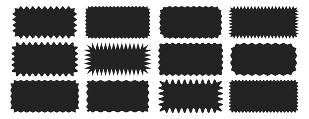 Empty black rectangle frames with wiggly borders. Jagged rectangular shape box elements set with zigzag edges on white background. Geometric zig zag wavy labels, curved badges and serrated stickers