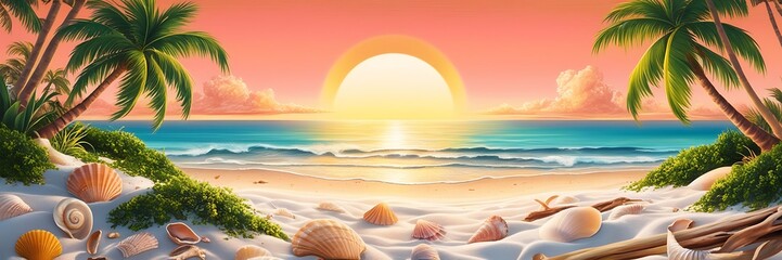 Illustration of the sea beach with a sunset background