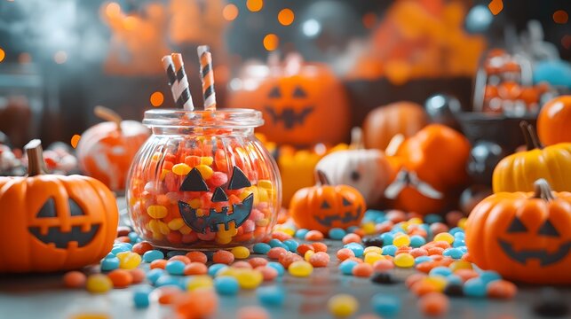 A colorful selection of Halloween candies in playful arrangements with spooky decorations enhancing the festive atmosphere
