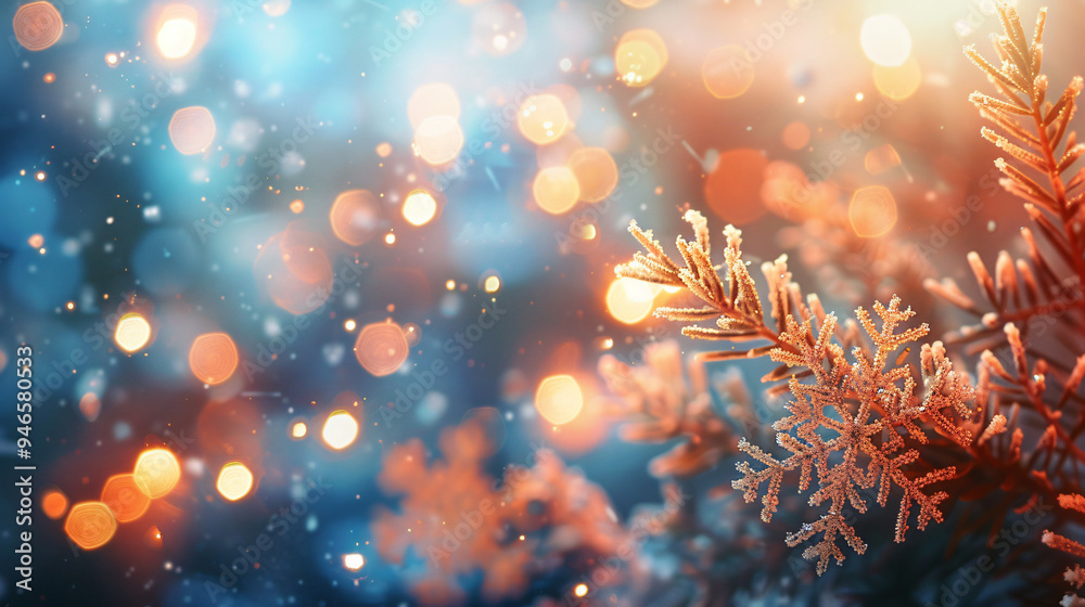 Poster Winter wonderland: close-up of frozen pine tree branches covered in snowflakes with bokeh lights in the background
