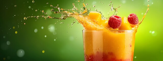 A glass of fruit juice with mango and raspberry splashes on a green background, close-up, banner...