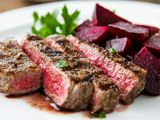 Grilled steak with sliced beets.