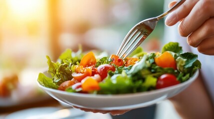 A close-up image capturing a person enjoying a fresh, vibrant vegetable salad with a fork, showcasing colorful ingredients like lettuce, tomatoes, and peppers in natural light.