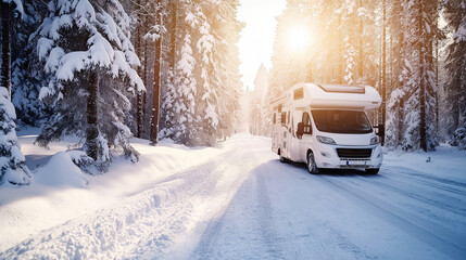 White Motorhome on Snow-Covered Road in a Winter Forest