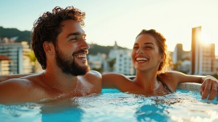 Fototapeta premium A happy couple enjoys a sunny day swimming and relaxing in a pool with a cityscape visible in the background, reflecting leisure and joy in an urban setting.