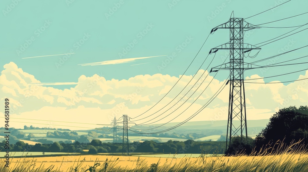 Poster a power line crossing through a rural landscape with electric poles stretching into the distance, ca