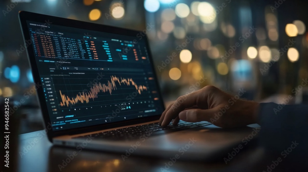 Fototapete a professional analyzing financial charts on a laptop, with various graphs and data points displayed