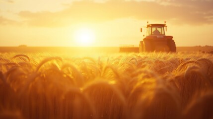 Obraz premium Golden Wheat Field at Sunset with Tractor Harvesting Crops
