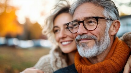 An older couple sharing a loving moment outdoors in the fall, with one partner wearing glasses and both dressed warmly, exuding happiness and companionship.