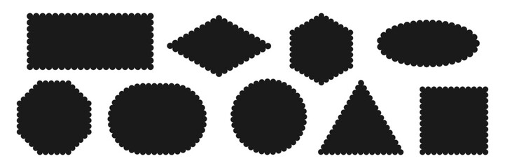 Black wavy edge Geometric shapes. Scalloped frame icon. Rectangle Ellipse triangle rhombus Box. Simple blank Tag Label Stamp mark Badge element for design
