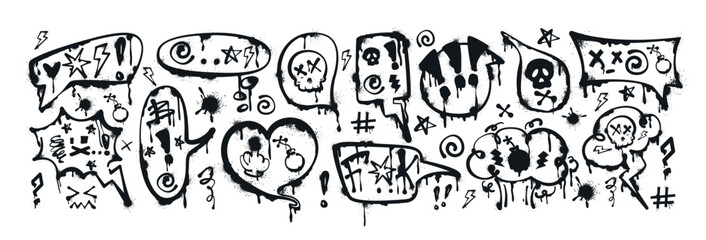 Obraz premium Graffiti spray paint speech bubbles with curses, insults, offensive words, skull, censored. Hand drawn ink talk frames, thinking box or text balloons with swearwords. Aggressive emotions and profanity