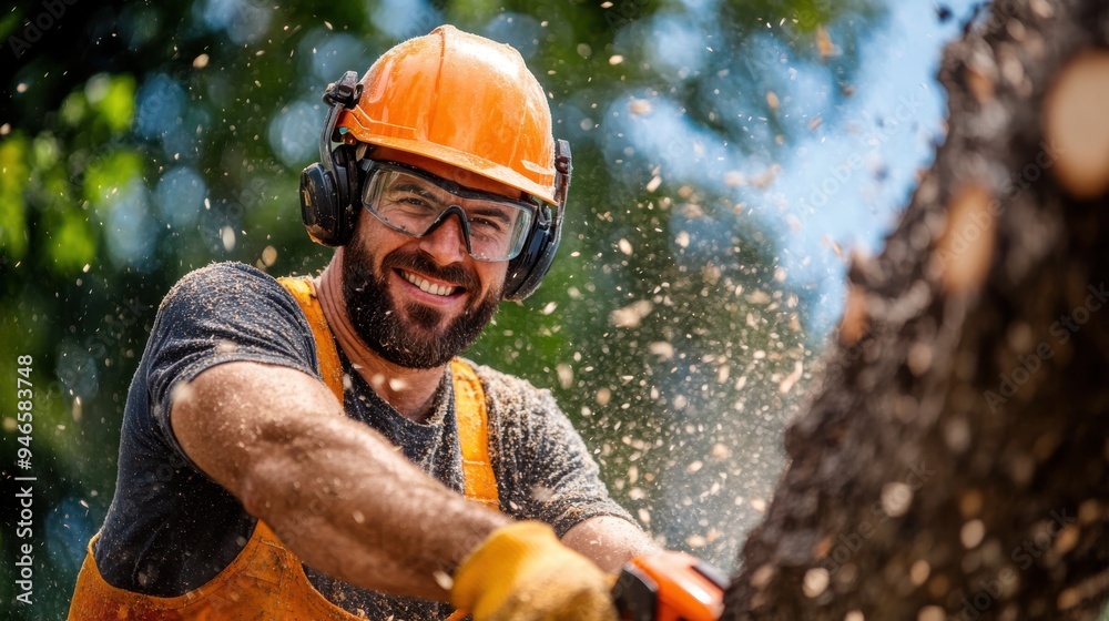 Sticker a worker is shown using a chainsaw to cut down a tree in a forest setting, wearing protective gear i