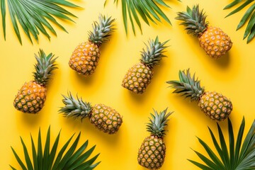 A Flat Lay of Pineapples and Palm Leaves on a Yellow Background