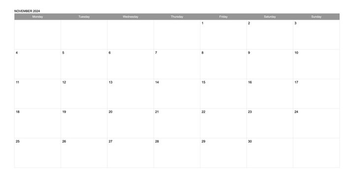 Calendar 2024. Calendar week 2024 starts on Monday. Corporate minimalist clean calendar for November 2024
