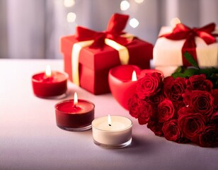 Valentines day dinner with table place setting with red gift, glass for champagne, heart ornaments with silverware on white background. Close up. Valentine's 