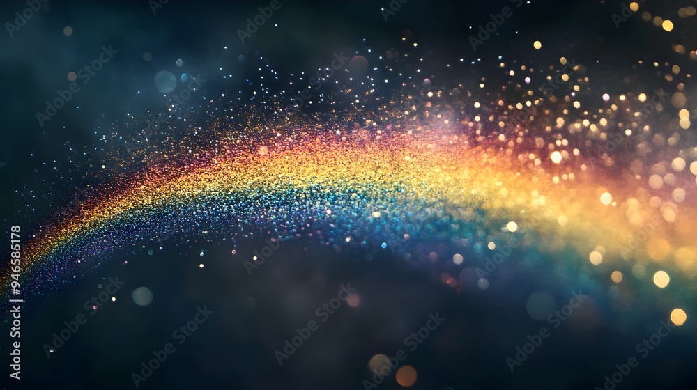 Poster a conceptual image of a rainbow dissolving into tiny droplets with each color slowly fading and diss