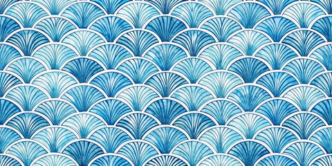 Watercolor Blue Scallop Fan Pattern, Watercolor, Fan Pattern, Scallop Pattern