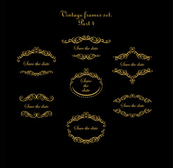 Vintage gold curled frames set for wedding invitations, headers, book title, signboard framed certificate template, vignette, diploma on black background. Modern interpretation of Islamic motifs. Part