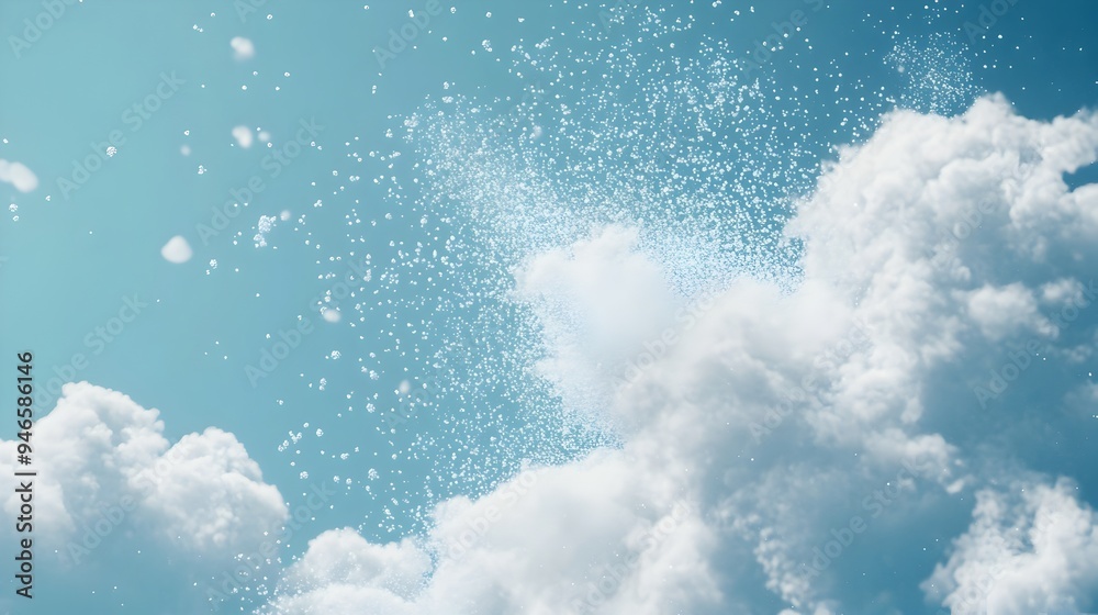 Poster a conceptual image showcasing ethereal clouds gently dissolving into tiny particles and blending sea