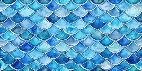 Watercolor Mermaid Scales Pattern, Blue Hues, Seamless Design, Sea Life, Ocean, Mermaid