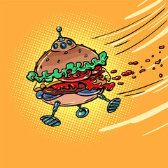 The burger flying machine flies at high speed. Fast food delivery quickly and efficiently. International coverage of a fast food establishment with delicious food.