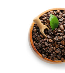 Bowl with coffee beans on white background