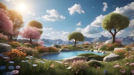 "Step into a world of imagination with our abstract 3D render of a spring scene. A natural background of trees and flowers surrounds a stone podium, creating a unique and diverse setting. The bright b