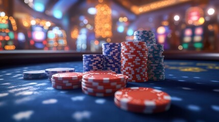 Highdetail 3D render of a poker table with a winning hand revealed, chips piled up, and a lively casino backdrop