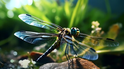 Naklejka premium A close-up shot of a dragonfly in flight, showcasing the dynamic movement and transparent beauty of its wings in breathtaking