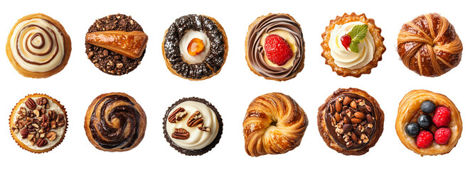 Assortment of Delicious Pastries with Cream, Nuts, and Berries on Transparent Background