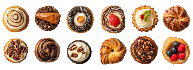 Assortment of Delicious Pastries with Cream, Nuts, and Berries on Transparent Background