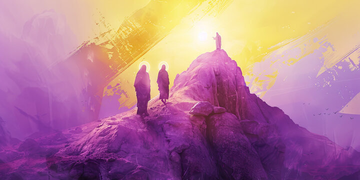 A modern, minimalist artwork portraying Jesus' transfiguration on the mountain, with subtle hues of purple and gold.