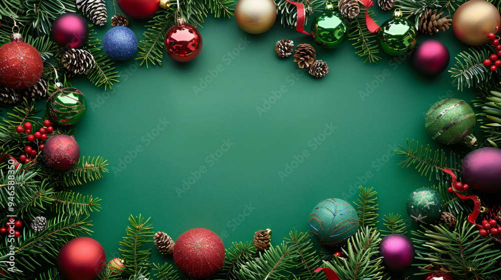 Poster green background with christmas ornaments and fir tree branches creating a border