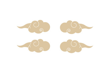 Four stylized beige cloud illustrations with swirled patterns on a white background.