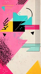 This artwork showcases a vibrant retro design with bold geometric shapes and colors reminiscent of 1980s style, creating an energetic composition