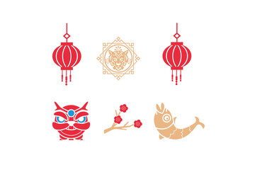 Collection of Asian New Year icons, including red lanterns, tiger, lion dance mask, flowers, and fish.