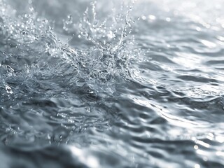 Close-up of water droplets splashing and creating ripples on the surface of a calm body of water. The sunlight reflects off the water, creating a shimmering effect.