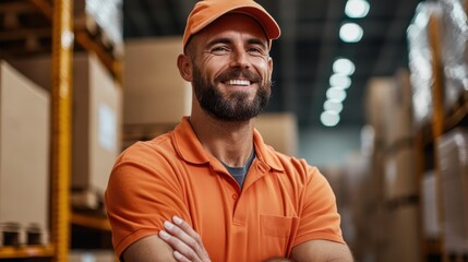 Fototapeta premium A male warehouse worker wearing an orange uniform smiles confidently, standing with his arms crossed in a well-organized warehouse filled with shelves and boxes.