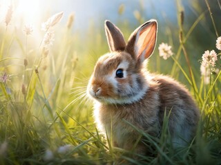 Fototapeta premium A cute rabbit sitting in a sunlit meadow surrounded by wildflowers during a warm spring afternoon