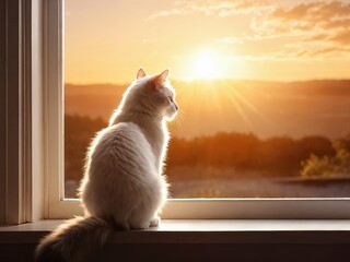 A white cat watching the sunset from a cozy window in a tranquil setting during early evening hours