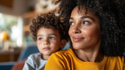 A tender moment shared by a mother and her young son at home, with both gazing into the distance. The natural light and warm setting express love and family bonding.