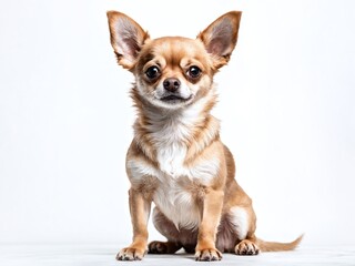 Obraz premium A small tan Chihuahua sitting on a white background, showcasing its curious expression and distinctive ears in a studio setting
