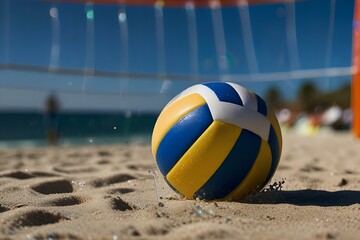 Close-up of a beach volleyball, symbolizing the fun, action, and dynamic play characteristic of beach sports. - Action and thrill in sports

