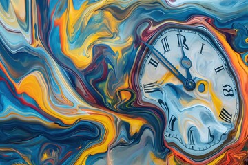 Obraz premium Abstract Melting Clock with Swirling Colors. Surreal Time Concept with Colorful Swirls